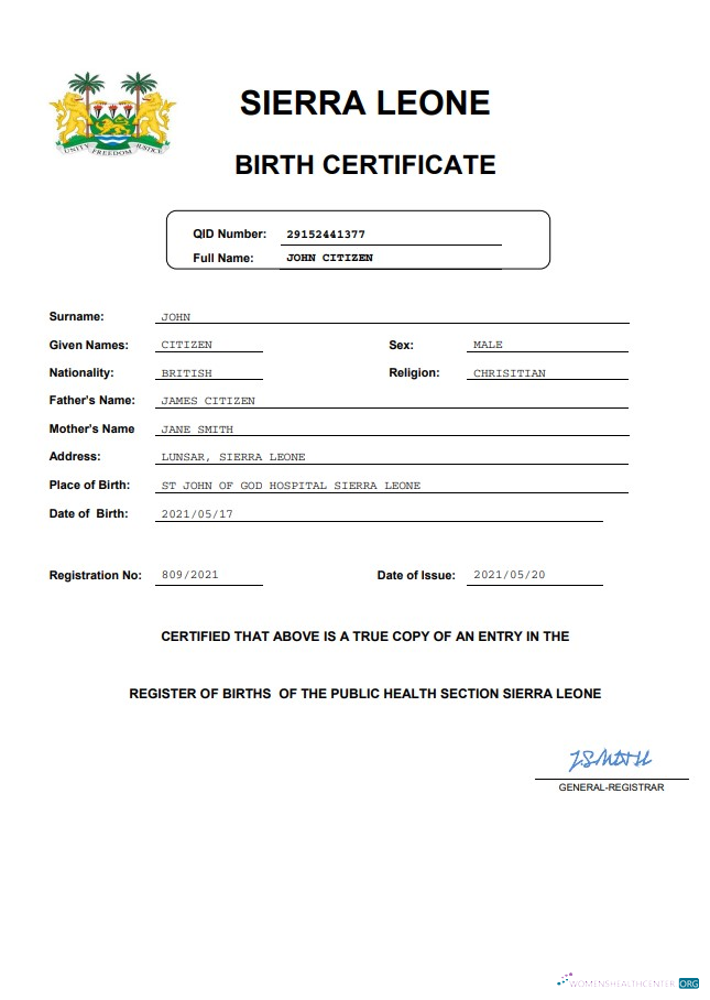 Download Sierra Leone birth certificate Word and PDF template Photoshop template